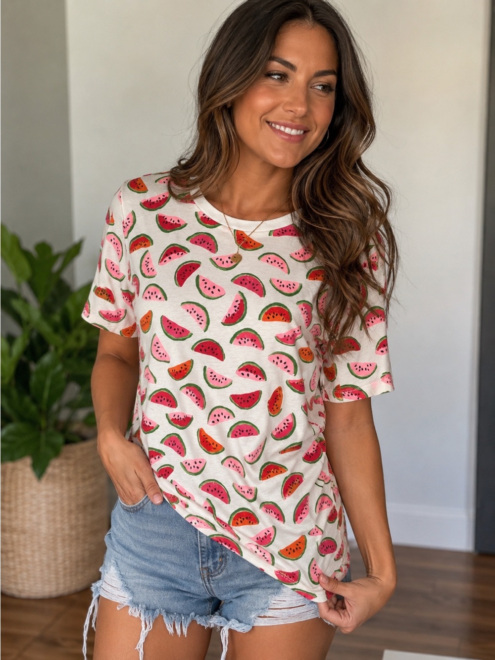 kate spade White Short Sleeve Tee with Pink & Green Watermelon Motif